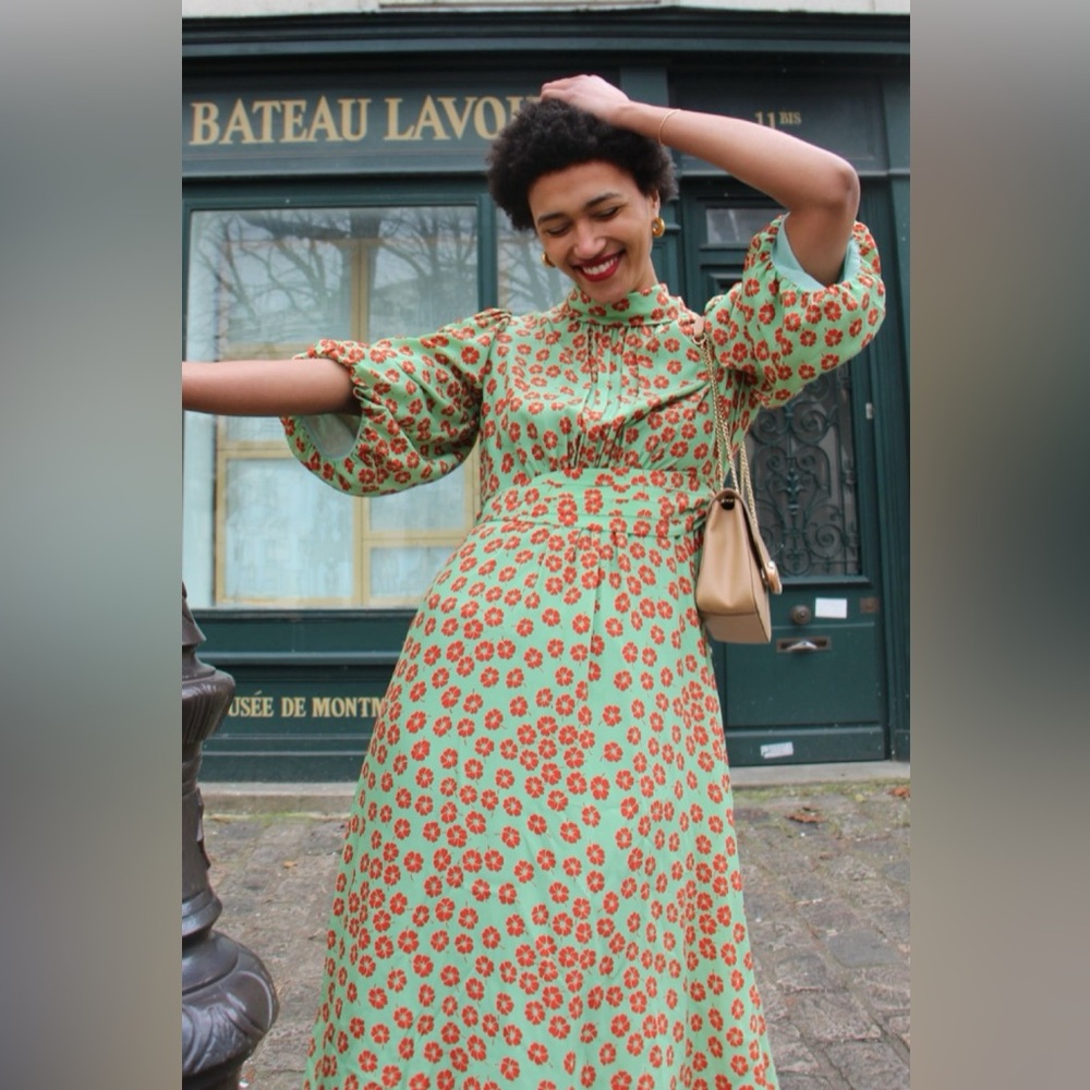 LK Bennett Tamara Dress Green Red Blossom Print Floral Silk Dress Size 6